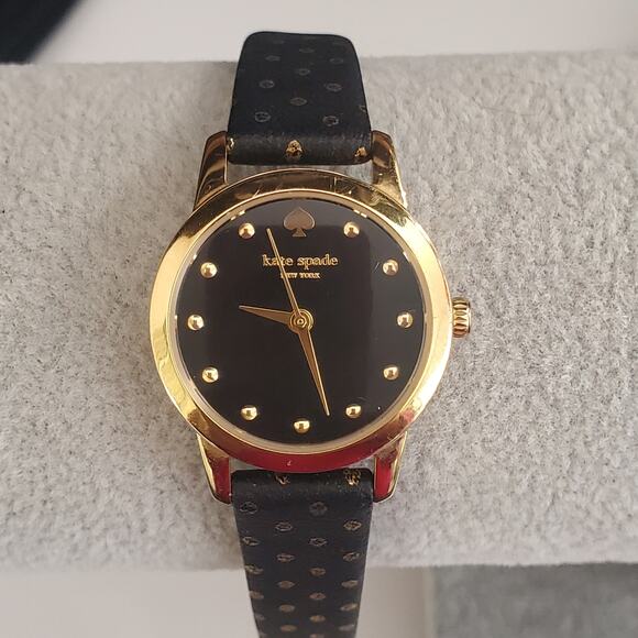 Kate Spade Mini Metro Watch Black with Gold Polka Dots Leather Band 25mm‎ NWOT - Picture 1 of 9
